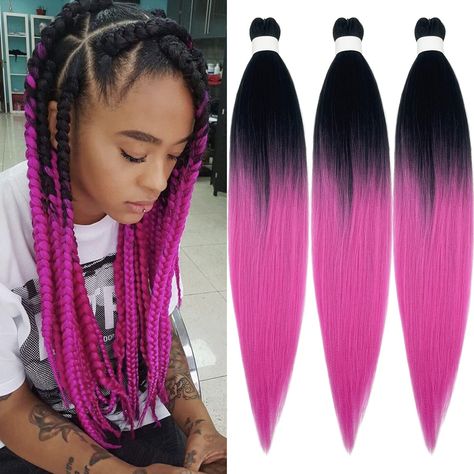 PRICES MAY VARY. 【Ombre Braiding Hair】Pink Ombre Braiding Hair Pre Stretched is Very Easy to Braid, Amazing Knotless Braiding Hair Ombre Saves Prep Time and Achieves a Natural Finished Style. 【Braids Hair Extensions】Color Black to Pink Braiding Hair Pre Stretched Made with Soft Yaki Txtutre Fibers Hair for Braiding, It's Not Quite as Fluffy as General Box Braids Hair, More Lightweight and Easy to Separate, Comfortable to Wear. 【Hair for Braiding】Micro Prestretched Braiding Hair Folded 26 inch, U Black And Pink Ombre Braids, Purple Ombré Braids, Ombre Purple Braids, Pink Braiding Hair Blend, Purple Ombre Braids Black Women, Pink Hair Extensions, Purple Braids, Braid In Hair Extensions, Braids For Kids