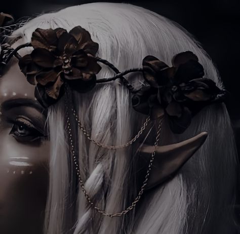 Long Elf Ears Aesthetic, Fae Ears Aesthetic, Faerie Queen Aesthetic, Dark Elf Outfit Women, Fae Aesthetic Dark, Elves Mythology, Dark Elf Aesthetic Outfit, Fae Court Aesthetic, Fae Party Aesthetic