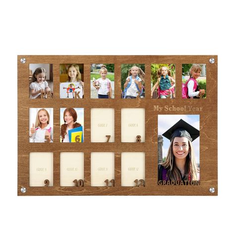 PRICES MAY VARY. Pre-K to Graduation Display: This unique school picture frame offers 15 slots, perfectly designed to showcase your child's journey from pre-kindergarten to graduation, treasuring their academic milestones. Frame Dimensions: 9" H x 14" W x 0.5" D// Photo inserts: 5" H x 3.5" W (1 center photo);2 " H x 1.57" W (14 school photos) Versatile Use: Our picture frame support a desktop display and wall mounting , this collage picture frame ensures you can enjoy its charm no matter where Graduation Display, School Picture Frames, Graduation Keepsake, Graduation Frame, D Photo, Collage Picture Frame, School Picture, Pre Kindergarten, Collage Picture Frames