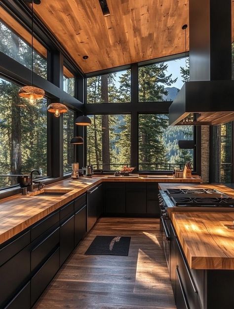 Kitchen In Glass Room, Nice Kitchen Aesthetic, Cabin Modern Kitchen, Dream Home Features Ideas, Big Houses Interior Kitchens, Black Interior Home Design, Colorado Mountain Homes Interior, Big Country Kitchen, Dream Home Design Kitchen