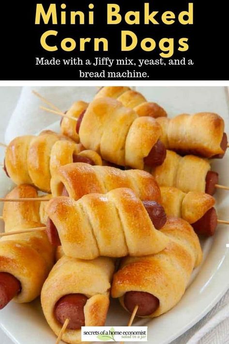 pinterest image for mini baked corn dogs made with a Jiffy mix and yeast Corn Dogs With Jiffy Cornbread, Cornbread Hotdogs, Pillsbury Cornbread, Baked Corn Dogs, Tailgate Party Food, Mix Salad, Corn Dog Muffins, Corndog Recipe, Mini Corn Dogs