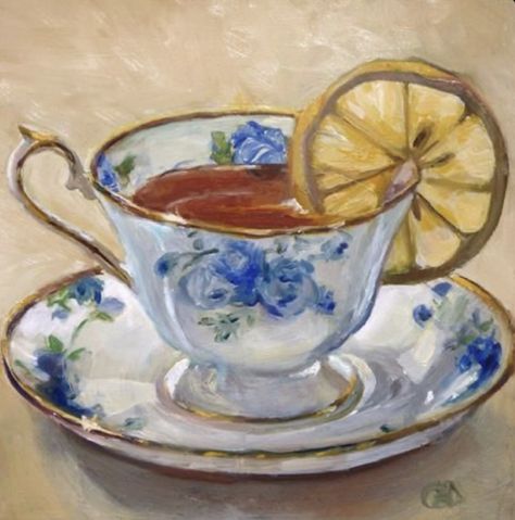 Tea Cup Art, Cup Art, Lemon Tea, Arte Inspo, Contemporary Abstract Art, Tea Art, Aesthetic Painting, Still Life Art, Art Inspiration Painting