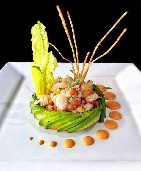 Rich Knott | Shrimp Ceviche, Avocado, Romaine Heart, Crisp Corn Tortilla, Charred Red Pepper/Cumin Vinaigrette✌🏻 . (Tortilla Chips served on side) | Instagram Ceviche Plating, Korea Street Food, Artistic Food, Korea Street, Food Presentation Plates, Corkboard Ideas Decor, Shrimp Ceviche, Corn Tortilla, Brunch Ideas