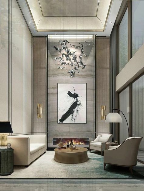 High Ceiling Living Room Decorating Ideas | Living Room Wall Decorating Ideas | Home Decor High Ceiling Living Room Modern, Double Height Living Room, High Ceiling Living Room, Abstract Wall Art Painting, Sala Grande, Minimalist Home Interior, Double Height, Lobby Design, Living Room Design Decor