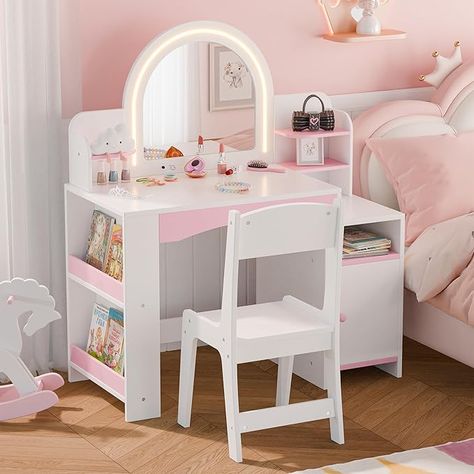 Open Bookshelf, Storage Cabinet & Shelves, 2 in 1 Toddler Vanity Table & Chair Set with Lighted Mirror for Little Girls, White Size	16x35 Product Dimensions	16"D x 32"W x 35"H Furniture Finish	White Brand	MU Toddler Vanity, Girls Vanity Table, Vanity With Lights, Open Bookshelf, Girls Vanity, Old Vanity, Cabinet Shelves, Makeup Vanity Desk, Furniture Finish