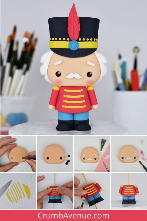 Cute Kawaii Christmas Nutcracker - step by step fondant Cake Topper Tutorial, gum paste figurine, winter, festive, noel, holidays, uniform, cake decorating, sugar art, modelling paste, sugarpaste, cute cakes for kids, fondant cakes for girls and boy, unique celebration cake ideas girl and boy, crumb avenue tutorials, grandpa, elderly man, einstein, kids crafts, cake craft, simple people figurines Celebration Cake Ideas, Fondant Christmas Cake, Cakes For Kids, Fimo Kawaii, Nutcracker Decor, Nutcracker Christmas Decorations, Christmas Cake Designs, Christmas Cake Topper, Diy Christmas Village