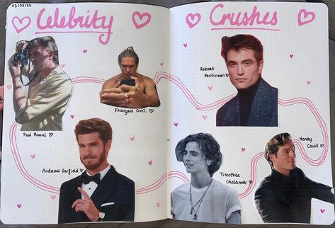 My Crushes Journal Page, Crush Scrapbook Ideas, Prom Journal Page, Celebrity Journal Page, Celebrity Crush Scrapbook, Celebrity Journal Ideas, Journal Ideas Crush, Crush Book Ideas, Favorite Characters Journal