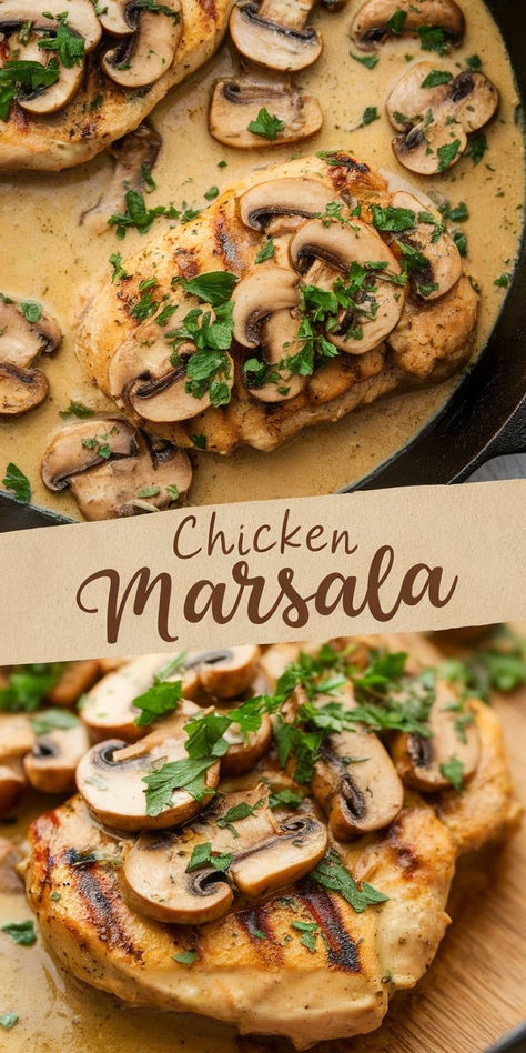 Creamy Chicken Marsala!  Elevate your weeknight dinner with this creamy Chicken Marsala recipe! Packed with earthy mushrooms and a hint of wine, it's a flavorful feast the whole family will love. Marsala Cooking Wine Recipes, Chicken With Mushrooms Recipes, Chicken And Mushrooms Recipes, Healthy Chicken Marsala, Creamy Chicken Marsala Recipe, Cooking Wine Recipes, Mushroom Chicken Recipes, Chicken And Mushroom Recipes, Marsala Recipes