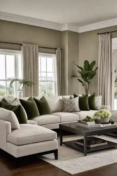 Cozy living room with green and beige Brown And Green Living Room, Green Living Room Color Scheme, Sage Green Living Room, Tan Living Room, Dark Green Living Room, Living Room Color Combination, Green Sofa Living Room, Green Living Room Decor, Room Color Combination