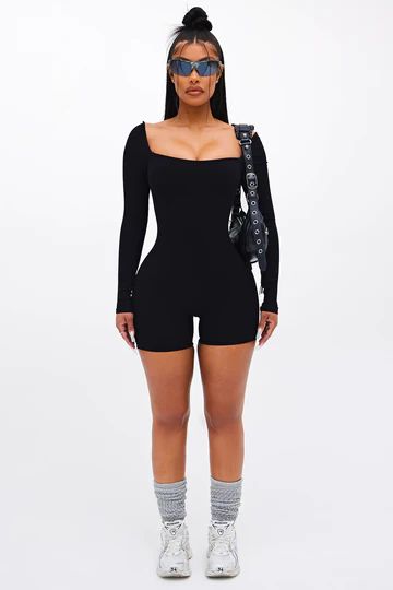 Black Romper Long Sleeve, Romper Outfit Black, Black Romper Outfit, Short Jumpsuit Outfit, Jodie Joe, Black Jumpsuit Outfit, Romper Long Sleeve, Fashion Nova Outfits, Biker Short