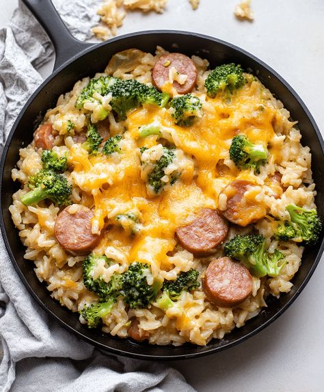 Cheesy Kielbasa Rice And Broccoli Skillet Recipe - recipesee.com Broccoli Sausage Recipes, Keilbasa Recipes With Rice, Recipes With Kielbasa Healthy, Beef Polska Kielbasa Recipes, Kielbasa Skillet Recipes, Rice Sausage Recipes, Cheesy Sausage Rice, Kielbasa And Rice Recipes, Kelbeisa Sausage Recipes