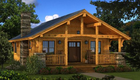 Bungalow 2 Front Elevation - Southland Log Homes Rustic Cabin Plans, Cabin Kit Homes, Small Log Cabin Kits, Log Cabin Flooring, Log Cabin House Plans, Small Log Homes, Log Cabin House, Log Cabin Plans, Log Home Plan