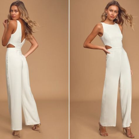 $79 Retail Lulu's Wedding Bridal Shower Engagement Chic White Modern Jumpsuit Pantsuit Medium Nwot The Lulus Moments To Remember White Sleeveless Wide-Leg Cutout Jumpsuit Will Have You Falling Head Over Heels In Love! Lightweight Woven Ponte Shapes This Must-Have Jumpsuit That Has A Rounded Neckline (With V-Back) And Fitted Princess-Seamed Bodice Featuring Two Sultry Side Cutouts. A High, Banded Waist Tops Flowy Wide-Cut Pant Legs To Complete This Stunner! Hidden Back Zipper/Clasp. Shell: 97% Po Beach Wedding All White, Pageant Jumpsuit, Elopement Beach Wedding, Wedding All White, Modern Jumpsuit, Elopement Beach, Cutout Jumpsuit, All White Party, Head Over Heels