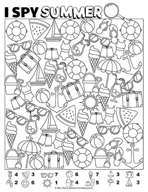 Summer I Spy Free Printable, I Spy Summer Printables For Kids Free, Summer Puzzles Free Printable, Summer Safety Activities For Kids, I Spy Printables For Kids Free, Free Coloring Pages Printables For Kids, Free Summer Activities For Kids, Free Printable Activity Sheets, Kids Activity Sheets