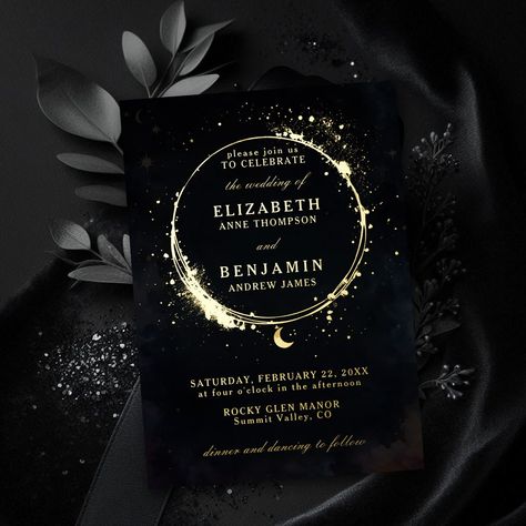 The Celestial Waters Moody Dark Wedding Invitation is a beautiful and stylish choice for couples who love the celestial theme, moon and stars theme, galaxies theme. With a deep black background sprinkled with gold accents (real foil!), it has a dreamy, starry-night look. This invitation is both elegant and modern, making it perfect for setting the tone for a memorable and magical wedding day. Black And Gold Starry Night Wedding, Dark Ethereal Wedding Theme, Celestial Save The Date, Night Time Wedding Ideas, Dark Celestial Wedding, Celestial Wedding Ideas, Dark Modern Wedding, Dark Elegant Wedding, Moon Wedding Invitations