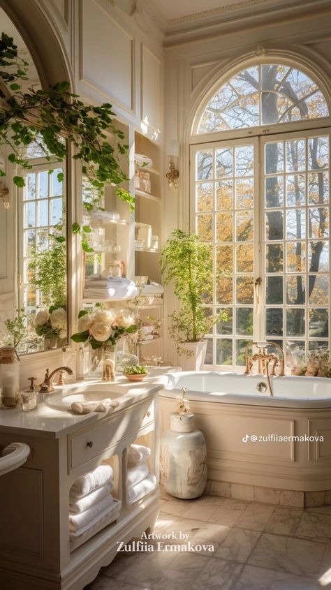 Bridgerton Bathroom Aesthetic, Cottage Inside Interiors, Dreamy Bathroom Aesthetic, Fairytale Cottage Aesthetic Interior, English Manor Bathroom, Old Money Bathroom Aesthetic, European Bathtub, Coquette Interior Design, Victorian Home Bathroom