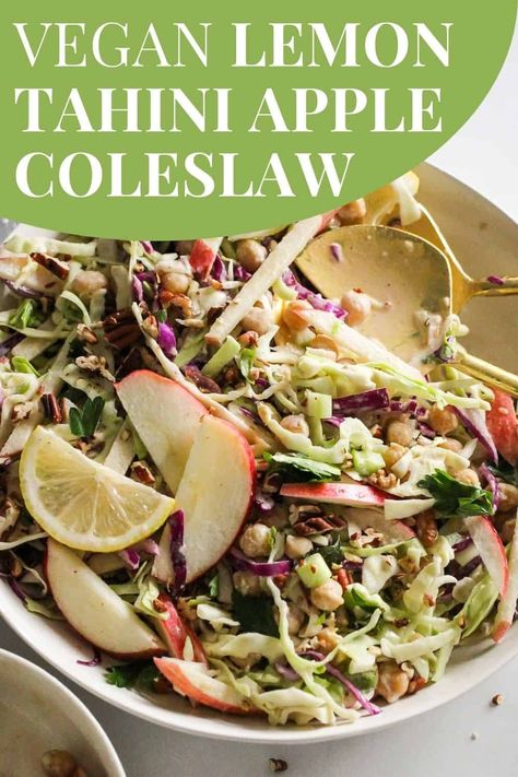 This vegan coleslaw recipe is made with fresh cabbage, apples, and chickpeas tossed in a citrusy, no-mayo tahini dressing. Prep it up to five days in advance for a side dish or quick weekday lunches. #GratefulGrazer #VeganColeslaw #AppleSlaw #VeganSlaw #AppleColeslaw #ColeslawRecipe Easy Vegan Coleslaw, Vegan Coleslaw Recipe, Apple Coleslaw, Weekday Lunches, Crunchy Veggies, Vegan Coleslaw, Recipe For Summer, Apple Slaw, Lemon Tahini Dressing