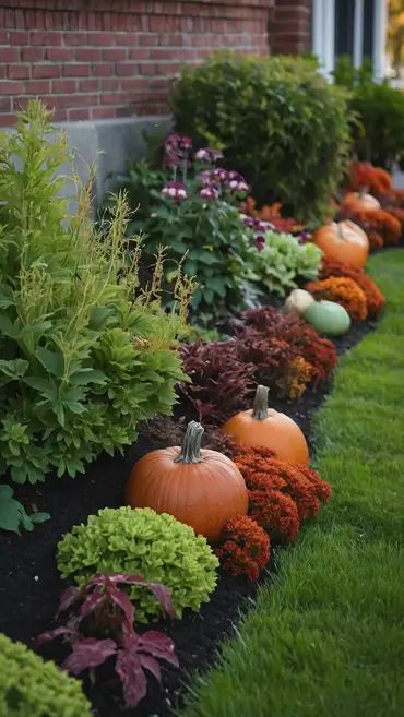 Green Thumbs Up! 15 Fall Garden Ideas for Vibrant Vegetable Gardens - TecArticles Fall Garden Landscape, All Season Garden Ideas, Fall Gardening Ideas Zone 6, Front Lawn Fall Decor Ideas, Autumn Flower Box Ideas, Mum Garden Bed, Fall Front Flower Bed Ideas, Mums Garden Ideas, Flower Yard Ideas