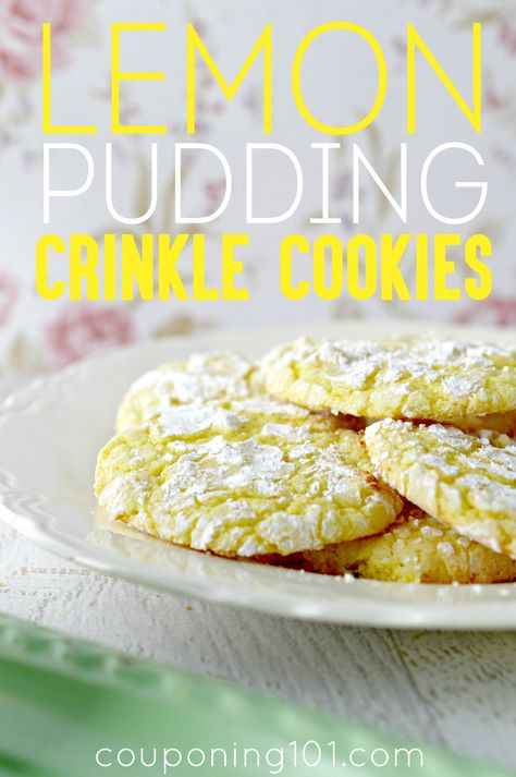 Lemon Pudding Crinkle Cookies - soft and chewy on the inside, crinkly and sugared on the outside. So good! Cookies Made With Pudding, Lemon Pudding Dessert, Crinkle Cookies Recipe, Lemon Crinkle Cookies, Pinterest Food, Couponing 101, Snacks And Desserts, Pudding Cookies, Lemon Pudding