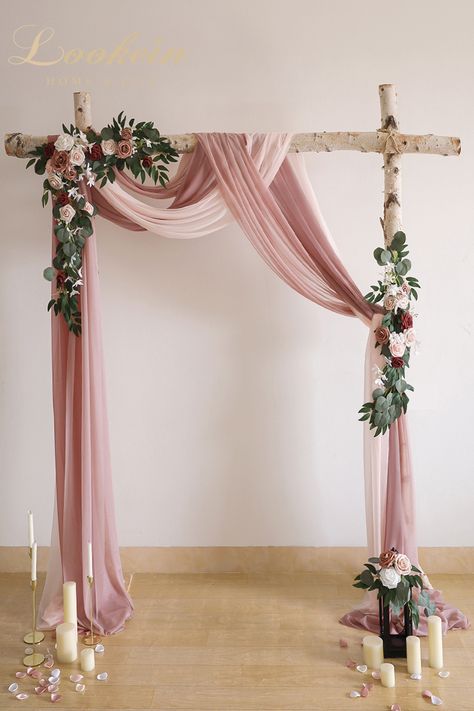 Reception Backdrop Wedding, Affordable Flower Arrangements, Drapes For Wedding, Simple Wedding Arch, Forest Wedding Decorations, Wedding Party Reception, Wedding Arch Draping, Dusty Pink Weddings, Olive Wedding