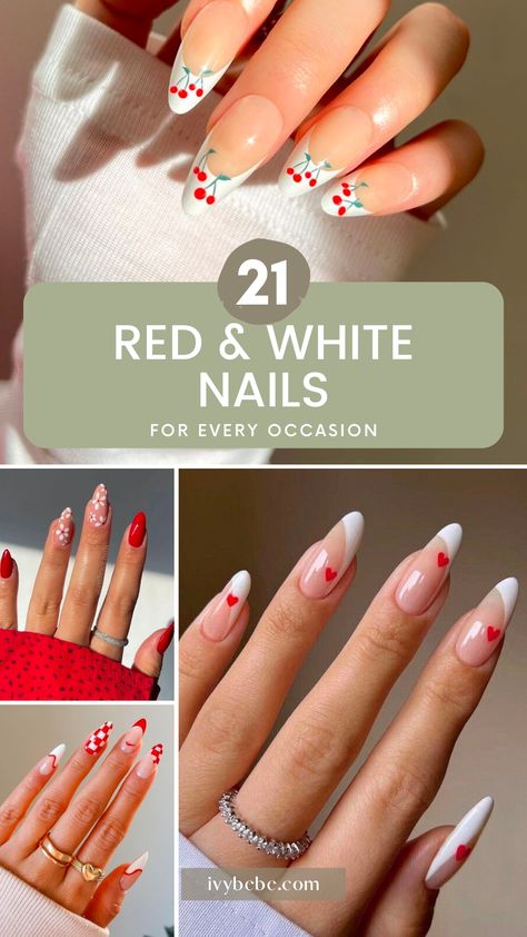 Red and white nails are a popular nail art trend that has been gaining popularity in recent years. Red is a bold and daring color that can make a statement, while white is clean and modern, offering a fresh and polished look. This style features a nail design that alternates between a bright red and a crisp white color, creating a vibrant and eye-catching look. There are countless ways to incorporate red and white into your nail art and make a bold statement with your manicure. Simple Nail Designs Red And White, Short Nails Red And White, Red And White Gel Nail Designs, Red And White Nail Designs Simple, Red And White Nail Art Designs, Crimson And White Nails, White And Red Nails With Designs, White French Tip Nails With Red Design, White Red Nails Ideas