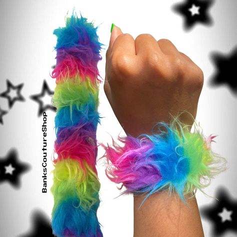 Check out these super cool and fun fur rainbow slap bracelets!! ︎♡♡ Size: One size fits most. These are designed for adults. Material: Faux fur Please watch the video on how to wear these bracelets!! ☻︎ All you need to do is slap them into your wrists! ♡ hi, thank you so much for supporting my Y2K shop! I want to bring nostalgia and happiness to everyone who shops with me! Nostalgia was always an escape from negativity for me, as well as causing me extreme happiness and I want to help others fee Scene Rainbow, Scene Kid Outfits, Y2k Shop, Extreme Happiness, Bracelets Rainbow, Scene Bedroom, Pony Bead Bracelets, Rave Fits, Rainbow Zebra