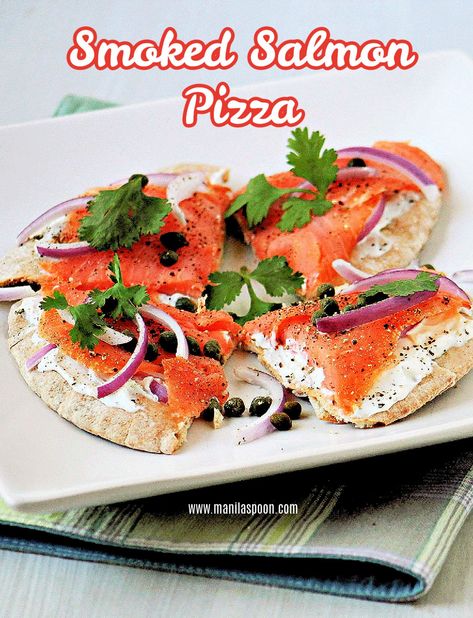 Great for lunch or as a light dinner this truly tasty Smoked Salmon Pizza is a breeze to make! Perfect for busy days and nights! Salmon Flatbread Pizza, Salmon Flatbread, Deep Fried Cauliflower, Smoked Salmon Pizza, Salmon Capers, Plain Naan, Salmon Appetizer, Salmon Pizza, Shrimp Spring Rolls