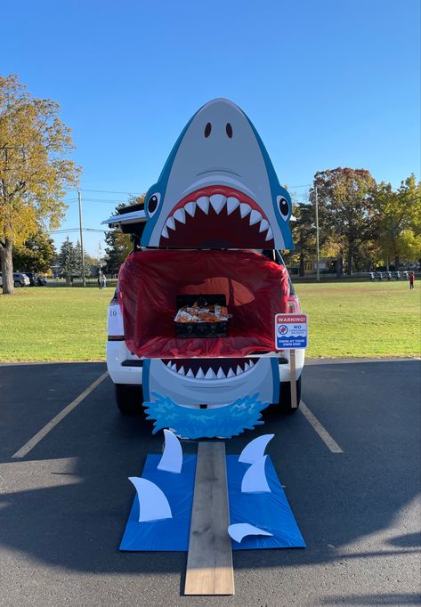 Water Themed Trunk Or Treat, Shark Golf Cart Decorations, Halloween Shark Decorations, Trunk Or Treat Car Games, Trunk Or Treat Ideas For Tahoe, Shark Week Trunk Or Treat, Scuba Trunk Or Treat, Bubble Trunk Or Treat, Shark Theme Trunk Or Treat