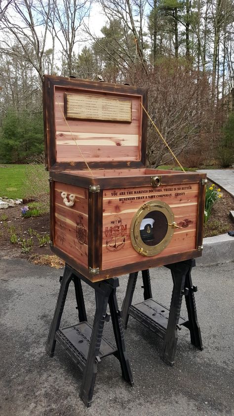 Finished another Sea Chest. Made with Poplar and Cedar. All artwork was burned by hand. The shadow box had already been delivered. Email docssawdust@gmail.com so we can work on your keepsake! Sentimental Organization, Shadowbox Ideas, Navy Retirement, Sea Chest, Navy Crafts, Retirement Ceremony, Military Crafts, Military Shadow Box, Retirement Ideas