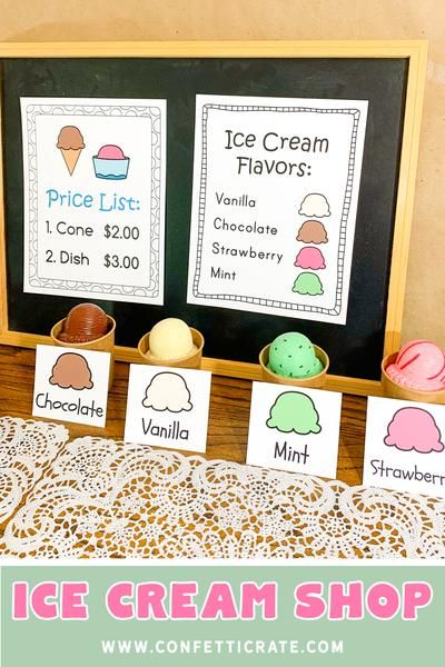 Ice cream shop dramatic play printables for a fun indoor activity. Your kids will have some screen free time and you can get some work from home done! Dramatic Play Printables Free, Ice Cream Shop Dramatic Play, Printable Pretend Play, Pretend Play Printables, Play Ice Cream, Play Preschool, Play Printables, Dramatic Play Themes, Dramatic Play Printables