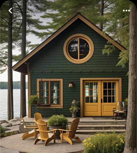 Green Log Cabin Exterior, Green Front Door Log Cabin, Cabin With Green Metal Roof, Log Cabin With Green Metal Roof, Green Roof Log Cabin, Cottage Tiny House, Exterior Color Palette, Yellow Houses, House Paint Exterior