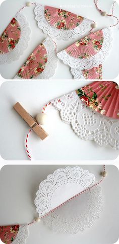 Shabby Banner Made With Cupcake Liners, Paper Doilies, Beads, & Twine Ideas For Party Decorations, Doily Flowers, Paper Doily Crafts, Hantverk Diy, Doilies Crafts, Flowers Paper, Paper Doilies, Banners Buntings, Cupcake Liners