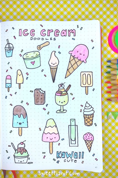 cute ice cream doodle ideas for bullet journal #bujo Ice Cream Doodle Art, Ice Cream Bullet Journal, Ice Cream Doodle, Banner Doodle, Doodles Easy, Hipster Drawings, Penanda Buku, Cute Ice Cream, Creating A Bullet Journal