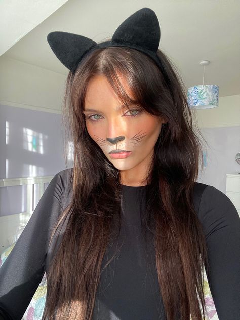 Picture of girl wearing cat ears, with cat make up on which includes whiskers, a black nose and white highlighting around the mouth. Cat Halloween Face Makeup, Basic Cat Makeup, Cat Custom Halloween, Scary Black Cat Costume, Cat Makeup Halloween Simple, Realistic Cat Makeup, Cat Halloween Costume Makeup, Easy Diy Cat Costume, Scary Cat Makeup