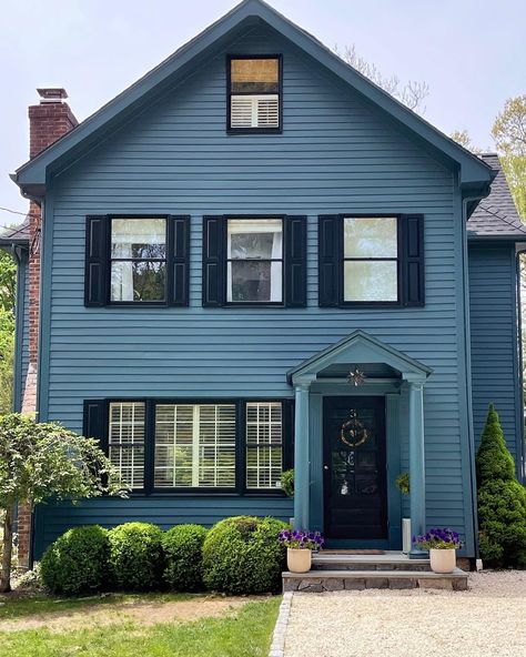 All Black and Blue — DESIGNPORT Blue And Black Exterior House, Navy Blue Farmhouse Exterior, Blue Siding House White Trim, Small Blue House, Blue Farmhouse Exterior, Blue Siding House, Gallery Wall Guide, Dark Blue Houses, Beautiful Houses Exterior