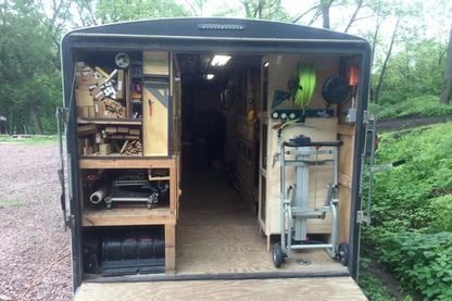 Tool Trailer Setup, Tool Trailer Organization Ideas, Contractor Trailer Organization, Trailer Layout, Trailer Workshop, Construction Trailer, Tool Trailer, Woodshop Tools, Trailer Organization