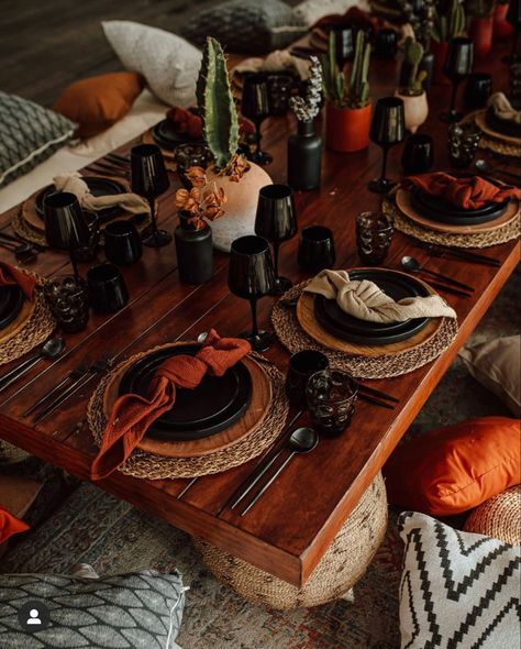 Terracotta And Black Wedding Table Settings, Afro Boho Table Setting, Black And Terracotta Table Setting, Black And Rust Wedding Table, Yellowstone Table Decor, Cowboy Table Setting, Cowboy Table Decor, 70s Table Setting, Cowboy Dinner Party