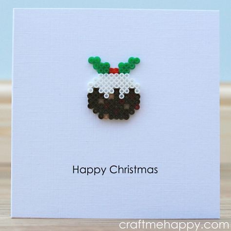 Hama Bead Christmas Puddings  •  Free tutorial with pictures on how to make a beaded card in under 60 minutes Hama Bead Christmas, Hama Beads Christmas, Mini Hama Beads, Christmas Puddings, Hamma Beads Ideas, Christmas Cards Kids, Simple Christmas Cards, Cat Christmas Tree, Hama Beads Design