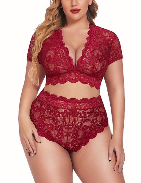 Avidlove Plus Size Lingerie Plus Floral Lace Scallop Trim Lingerie Set Deep V Allover Lace Plus Size Robes, Lingerie Plus, Anarkali Dress Pattern, Bra And Panty Set, Scallop Trim, Lingerie Outfits, Lace Babydoll, Red Lingerie, Curvy Girl Fashion