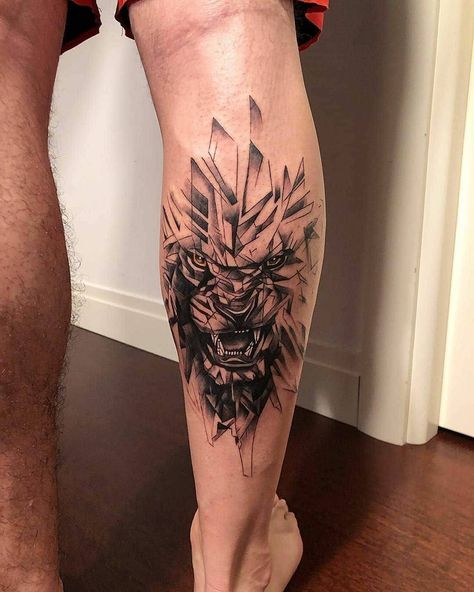 Tattoo Designs Men Leg Calf, Tattoo For Leg Men, Tattoo For Leg For Men, Back Of Leg Tattoos Men, Geometric Tiger Tattoo Design, Leg Lion Tattoo, Style Tattoo Men, Men’s Calf Tattoo, Stylish Tattoos For Men