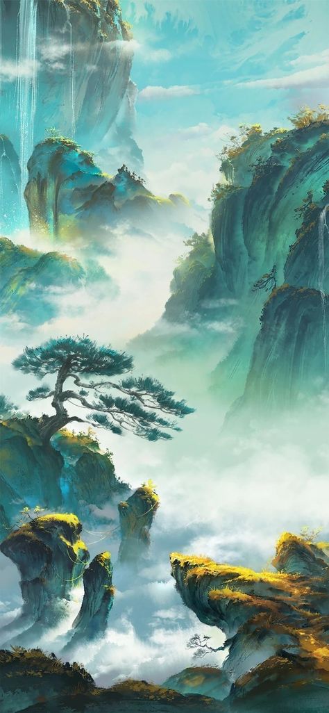 Chinese Five Elements Art, Anime Hill Background, Chinese City Aesthetic, Fog Hill Of The Five Elements, Hill Background, China Aesthetic, Chinese Animation, Space Animation, Prehistoric World