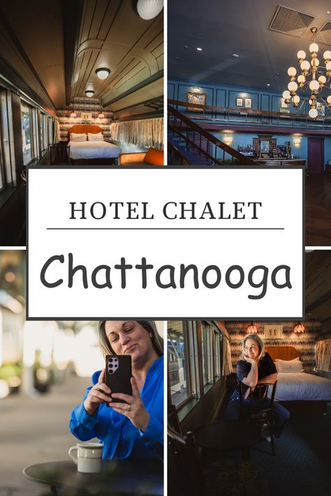 Hotel Chalet Chattanooga Boutique Train Carriages – With Chattanooga’s growing popularity finding the best place to stay is becoming more challenging.  For those tourists looking for a truly unique Chattanooga experience, today’s post is for you.   As a local Chattanooga travel blogger, I know all the places to stay in Chattanooga!     Welcome to my local review of the downtown Hotel Chalet at The Choo Choo where authentic travel is found.  #chattanooga #Tennessee #HotelChalet #Chattanoogahotels Hotel Chalet Chattanooga, Where To Stay In Chattanooga Tennessee, Lookout Mountain Chattanooga, Nashville Travel Guide, Chattanooga Choo Choo, Nashville Travel, Train Carriage, Downtown Chattanooga, Cars Room