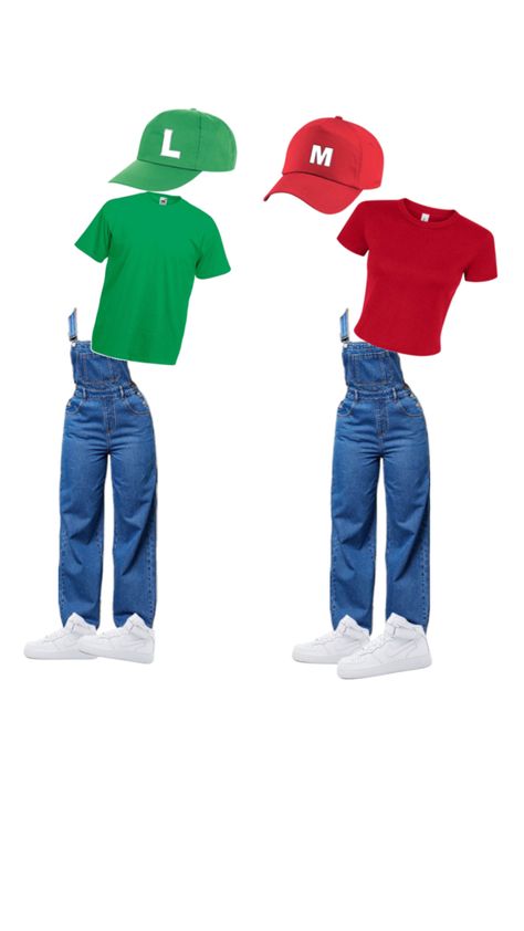 Mario and Luigi Halloween inspo outfit❤️💚 Halloween Mario And Luigi, Mario And Luigi Costumes Women, Mario Characters Costumes, Halloween Costumes Mario, Luigi Outfit, Halloween Inspo Outfit, Mario Character Costumes, 2 People Halloween Costumes, Mario Outfit