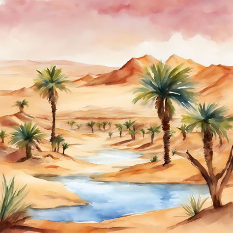 Where mirages meet reality: Oasis. 🌴 https://prismplay.etsy.com #desertbeauty #wallart #natureinspired #printableart #printables #templates Painting Desert Landscape, Oasis Painting, Oasis Aesthetic, Desert Paintings, Camels Art, Water Coloring, Farm Paintings, Arabian Art, Colour Art