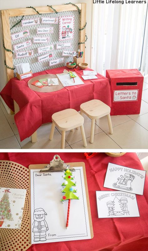 Set up a Christmas themed Dramatic Play area in your home or classroom. Perfect for role-playing Santa's Workshop with your preschool, kindergarten and toddlers! Includes 7 different stations - letter writing, gingerbread play dough, wrapping presents, decorating the tree, wishlist making and more! Includes all of the printables you need for this festive season! Christmas Workshop Ideas, Letter Board Christmas, Santa's Workshop Dramatic Play, Christmas Dramatic Play, Dramatic Play Space, Gingerbread Play Dough, Writing Center Preschool, Santa Activity, Dramatic Play Themes