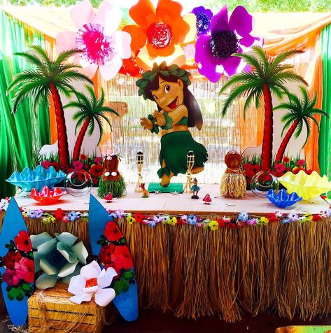 LILO LUAU dessert table decorations  | CatchMyParty.com Lilo And Stitch Birthday Party Ideas Diy, Luau Desserts, Birthday Luau, Stitch Party, Stitch Birthday, Luau Party Decorations, Hawaiian Party Decorations, Luau Birthday Party, Hawaiian Birthday Party