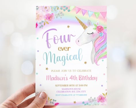 Unicorn 4th Birthday Invitation Editable, Four Ever Magical Birthday Invite, Pastel Unicorn Girl 4th Birthday Digital Download Unicorn 4th Birthday, Girl 4th Birthday, 4th Birthday Invitation, Moon Baby Shower Invitation, Unicorn Birthday Party Invitation, Girls Party Invitations, Birthday Invitations Diy, Magical Birthday, Unicorn Birthday Invitations