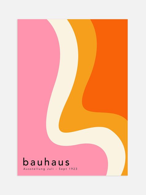 This colourful Bauhaus poster features a curved colour block design in pink, cream, yellow and orange. With its bright colour palette Bauhaus aesthetic, this poster is an eye-catching addition to any living space. Drool Art, Bauhaus Posters, Retro Color Palette, Orange Color Palettes, Bauhaus Art, Bauhaus Poster, Color Palette Bright, Color Palette Pink, Bauhaus Design