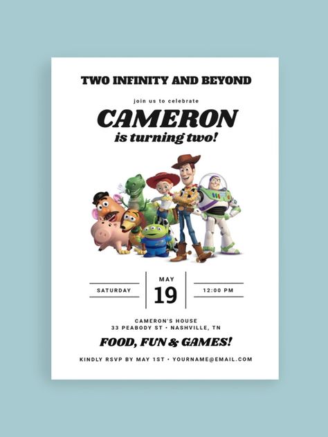 Two Infinity and Beyond Toy Story 2nd Birthday Invitation #toystory #secondbirthday #birthday #happybirthday #birthdaycards #birthdayparty Toy Story 2nd Birthday, Buzz Lightyear Birthday, Toy Story Baby, Twins Baby Shower Invitations, Birthday Party Invites, Toy Story Birthday Party, 2nd Birthday Invitations, Kids Birthday Themes, Birthday Toys