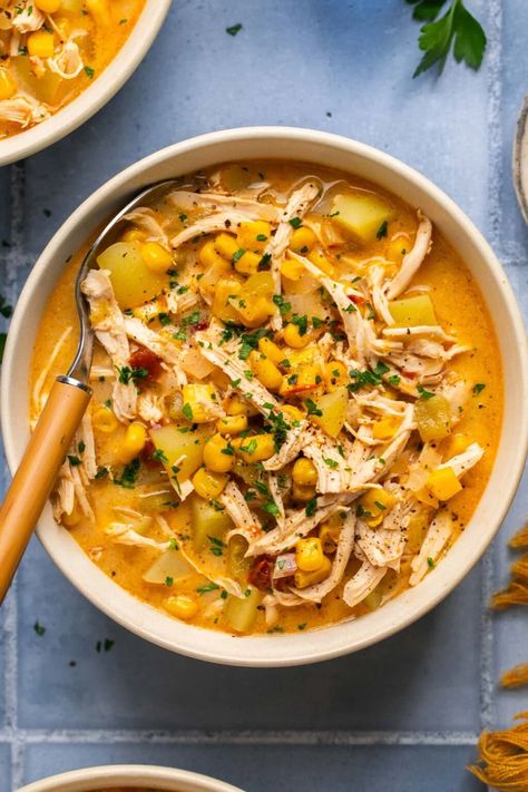 Creamy Southwest Chicken Corn Chowder Recipe | Healthy Little Peach Creamy Southwest Chicken Soup, Southwest Soup Chicken, Southwest Chicken Corn Chowder Recipe, Chowder Recipes Healthy, Creamy Southwest Chicken, Southwest Soup, Chicken Corn Chowder Recipe, Healthy Little Peach, Southwest Chicken Soup